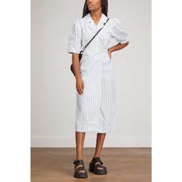 Ganni Dresses & Skirts - GANNI Stripe Cotton Wrap Midi Dress White Forever Blue Medium M NEW NWT